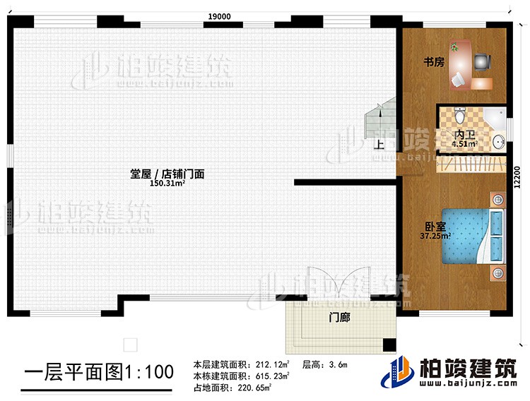 一层:门廊、堂屋/店铺门面、卧室、书房、内卫