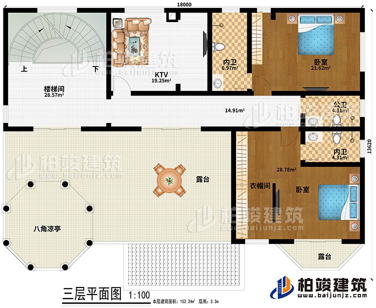 三层:楼梯间、KTV、2卧室、衣帽间、2内卫、公卫、2露台、八角凉亭