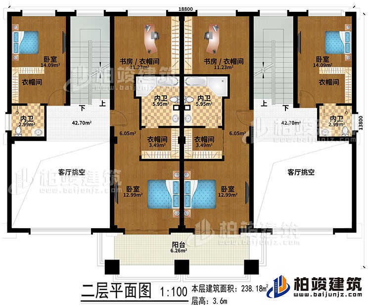 二层:2客厅挑空、4卧室、4衣帽间、2书房/衣帽间、4内卫、阳台