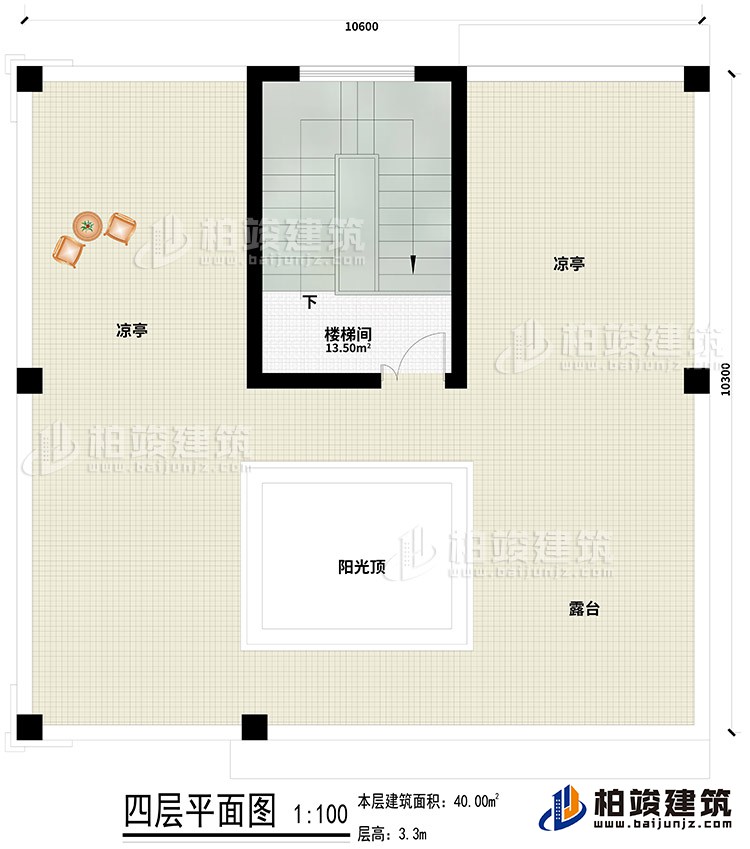 四层:楼梯间、2凉亭、露台、阳光顶