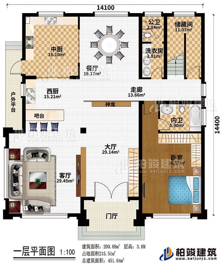 一层:门厅、大厅、客厅、西厨、中厨、餐厅、洗衣房、卧室、内卫、储藏间、户外平台、神龛、吧台、公卫