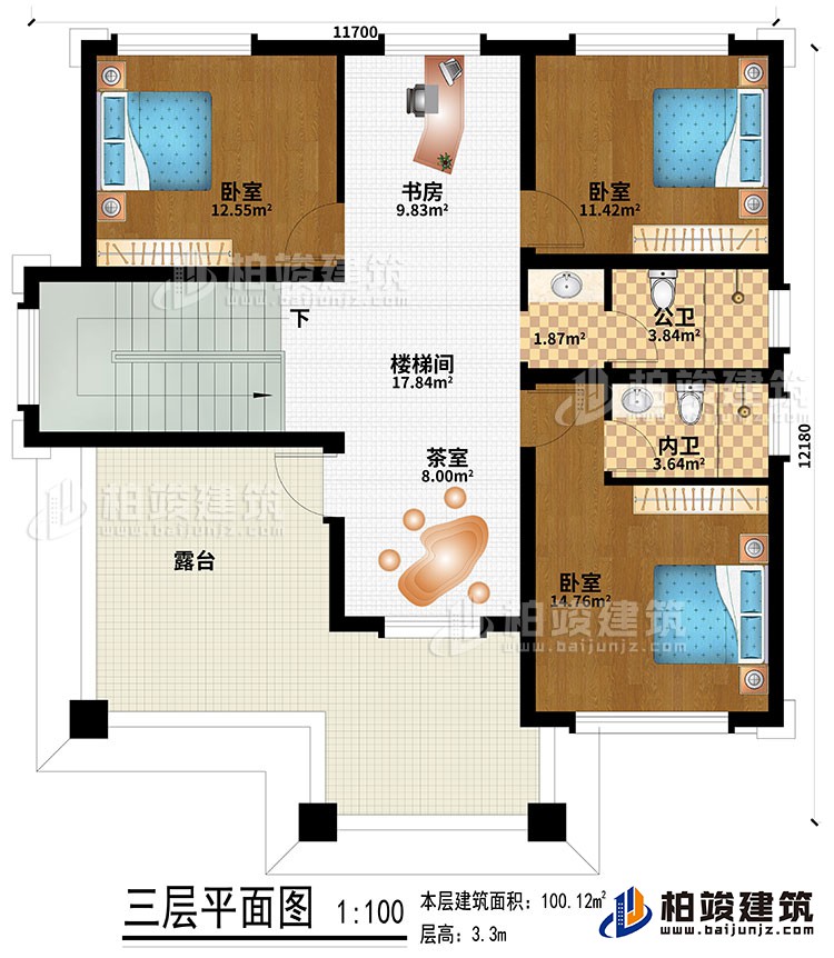 三层:楼梯间、书房、茶室、3卧室、公卫、内卫、露台