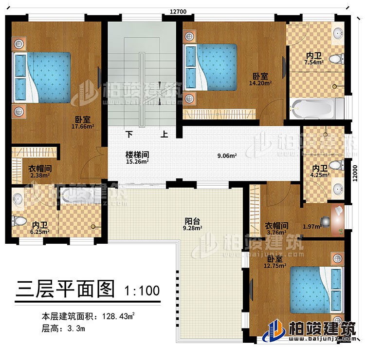 三层:楼梯间、3卧室、2衣帽间、3内卫、阳台