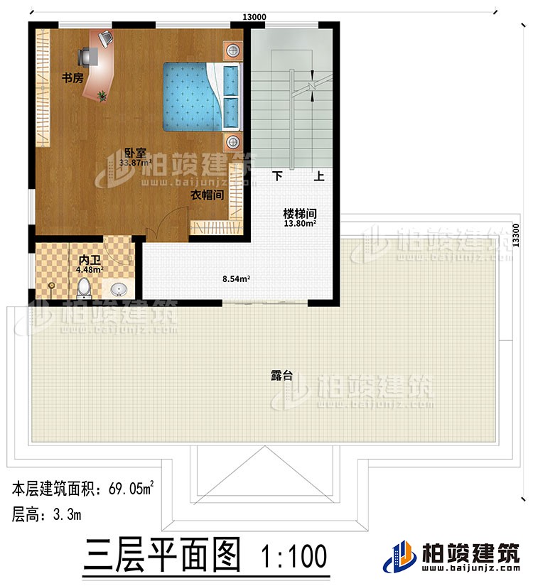 三层:楼梯间、卧室、衣帽间、内卫、书房、露台