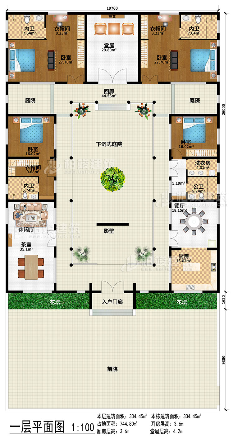 一层:前院、入户门廊、影壁、下沉式庭院、回廊、2庭院、茶室、休闲厅、餐厅、厨房、堂屋、神龛、4卧室、3衣帽间、3内卫、公卫、洗衣房