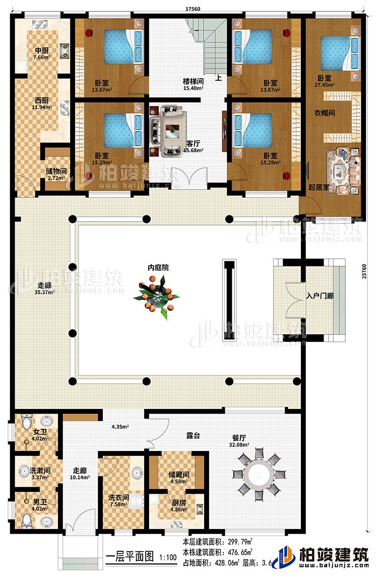 一层:入户门廊、内庭院、2走廊、餐厅、厨房、中厨、西厨、2储物间、5卧室、起居室、衣帽间、楼梯间、客厅、洗衣间、洗漱间、女卫、男卫